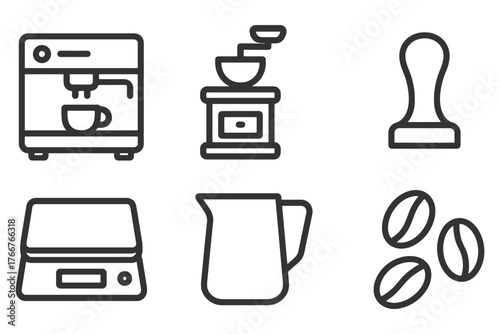 A series of icons for kitchen appliances and utensils. The icons include a coffee maker, a coffee grinder, a coffee pot, a coffee press. Vector.
