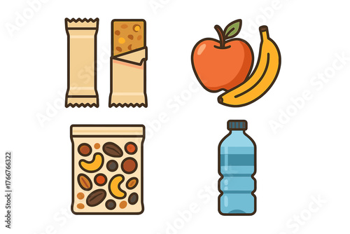 Set of healthy trail snacks and bottled water symbols for outdoor activity