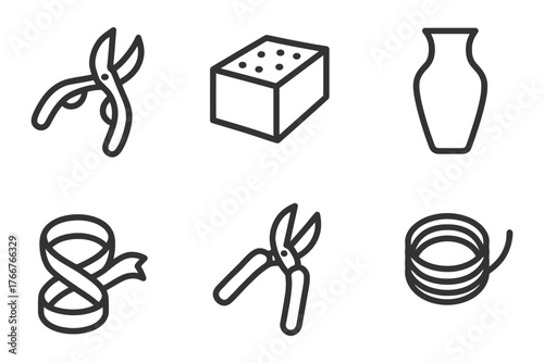 A set of six black and white icons of tools and objects. The icons include scissors, wire, a brick, a vase, a pair of pliers, and a box. Vector.