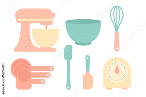 Pastry and baking tools collection featuring stand mixer and kitchen scale