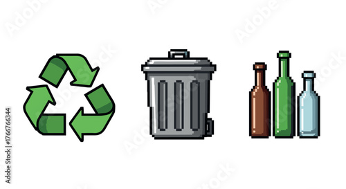 Retro pixel art of recycling symbols with bin and glass bottles on white background