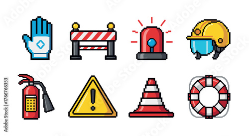 Pixel art safety icons: warning, emergency, protective gear, barricade, siren, helmet