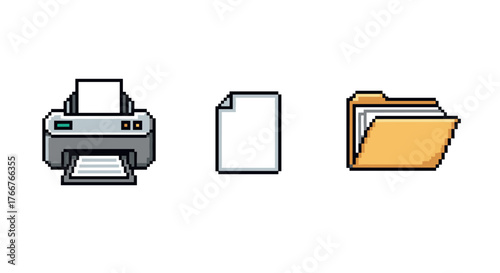 Retro pixel icons set: printer, document, and folder for digital interfaces