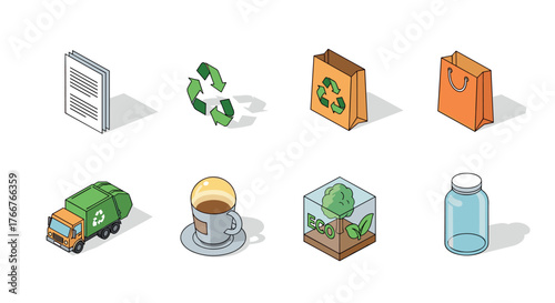 Isometric eco icons: recycling, sustainability, and green living essentials