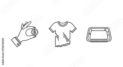 Minimal line art of sustainable economy: hand holding coin, recycled shirt, eco tray