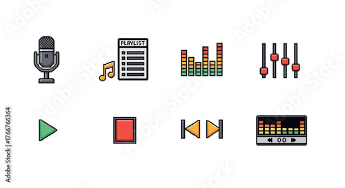 Retro pixel art music icons set: microphone, playlist, equalizer, playback controls