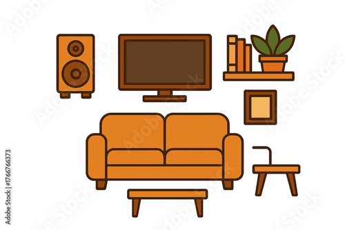 Modern living room furniture arrangement with television and decorative houseplant