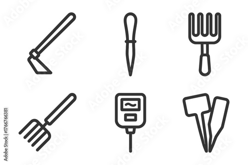 A set of six different tools for gardening. The tools include a trowel, a spade, a fork, a rake, a pair of pruning shears. Vector.
