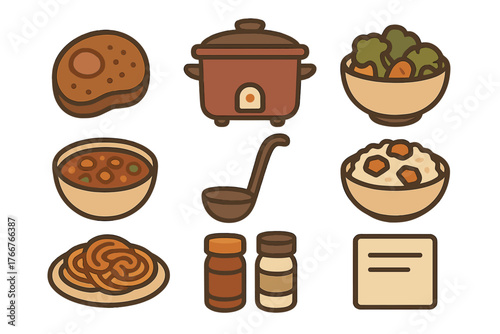 Collection of cooking and food preparation icons with slow cooker and dishes
