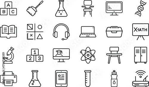 Education and Science Line Icons Set – School, STEM, Laboratory, E-learning, and Study Equipment Outline Vector Pack for Teachers, Students, Online Courses, and Academic Infographics Design