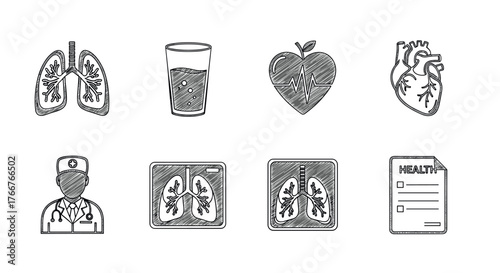 Set of health and medical icons in sketch style: lungs, heart, doctor, and more