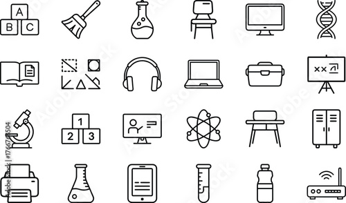 Education and Science Line Icons Set – School, STEM, Laboratory, E-learning, and Study Equipment Outline Vector Pack for Teachers, Students, Online Courses, and Academic Infographics Design