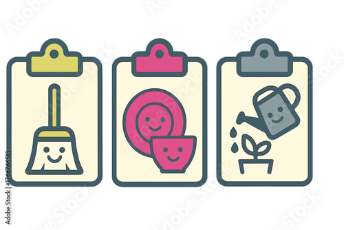 Three stylized icons representing household chores on clipboards