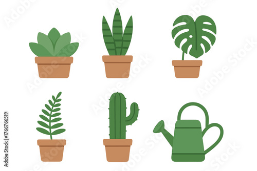 Potted houseplants and gardening watering can icon collection