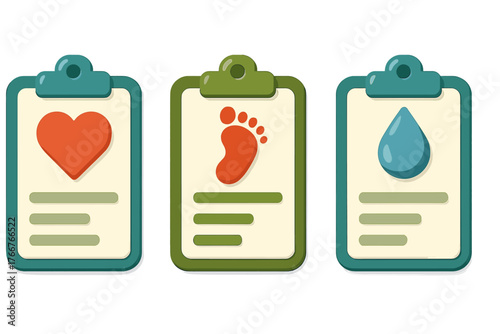 Medical health record icons on clipboards with heart footprint and water drop symbols
