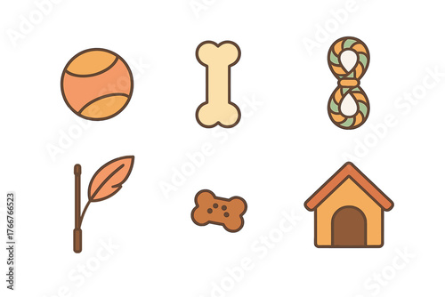 Stylized icons of various pet toys and essential accessories