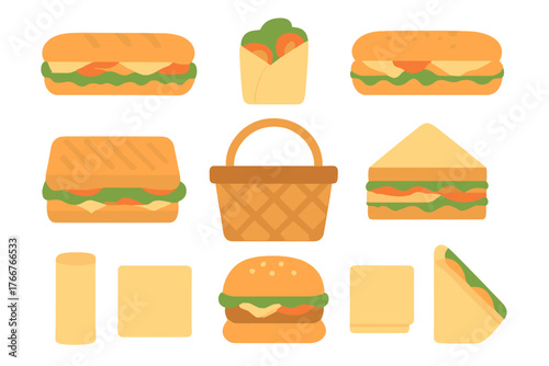 Set of sandwich wrap burger and picnic basket flat design icons