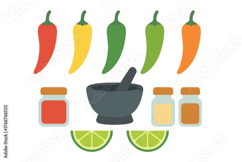 Assorted chili peppers spices and lime wedges with mortar and pestle