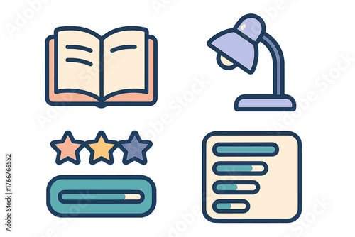 Set of educational rating icons including book, lamp, and progress bars