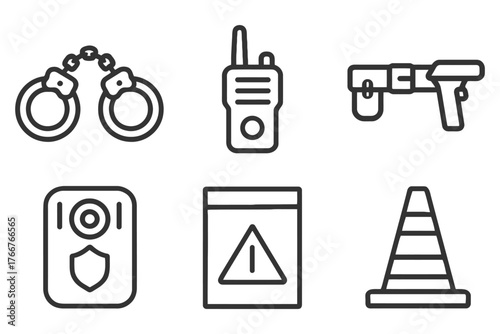 A set of six black and white icons for police and law enforcement. The icons include handcuffs, a gun, a police car, a police radio. Vector.