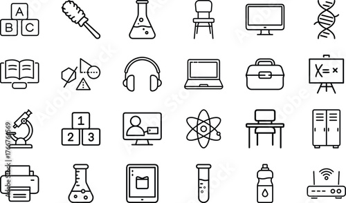 Education and Science Line Icons Set – School, STEM, Laboratory, E-learning, and Study Equipment Outline Vector Pack for Teachers, Students, Online Courses, and Academic Infographics Design