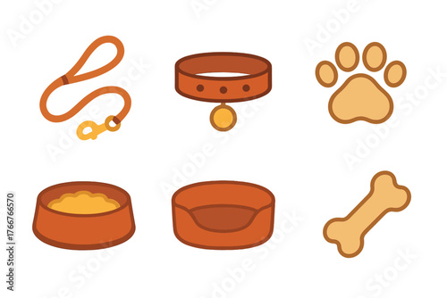 Stylized icons representing essential dog care and pet accessories