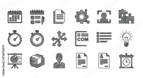Sketch style office icons for business and productivity tools