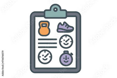 Fitness workout plan checklist on clipboard with activity icons