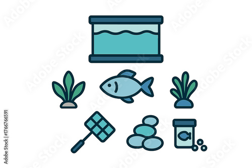 Set of icons for aquarium supplies and fish keeping equipment