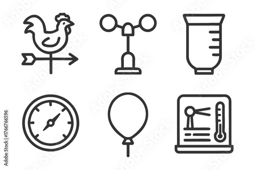 A variety of weather-related icons, including a chicken, a weather vane, a thermometer, and a clock. The icons are arranged in a row. Vector.