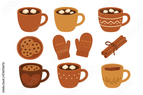 Collection of warm winter drinks and snacks including hot cocoa, cookies, knitted mittens, and cinnamon