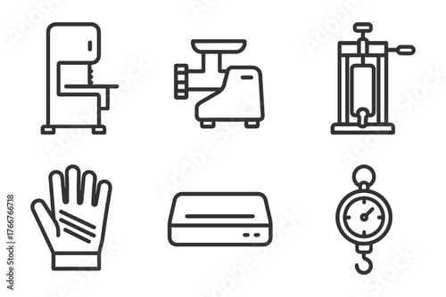 A set of six icons of various kitchen appliances and tools. The icons include a scale, a meat grinder, a meat slicer, a meat slicer. Vector.
