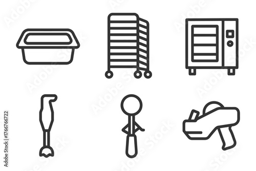 A series of kitchen appliances and utensils are shown in a black and white style. The appliances include a microwave, oven, and toaster. Vector.