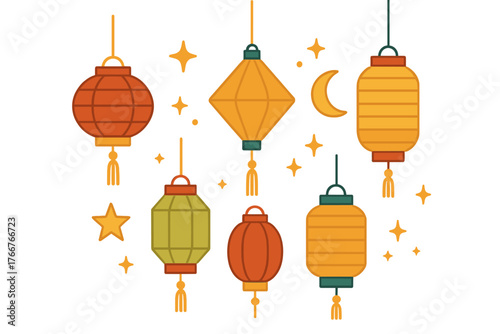 Assortment of colorful hanging paper lanterns with stars and crescent moon