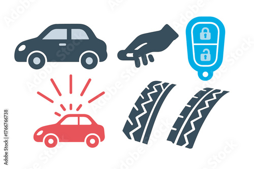 Automotive security and maintenance icons featuring car alarm and remote key fob
