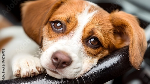Adorable puppy with expressive eyes resting comfortably in a car, showcasing charm and personality in close-up view