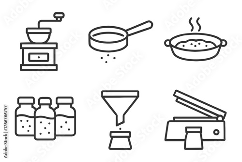 A series of cooking utensils and appliances are shown in a black and white style. The first image shows a jar and a grinder. Vector.