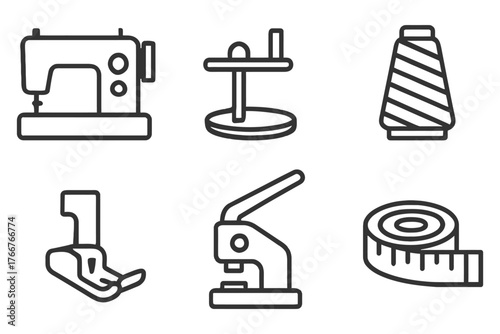 Sewing tools and accessories. The image is a collection of sewing tools and accessories. The tools include a sewing machine, scissors. Vector.