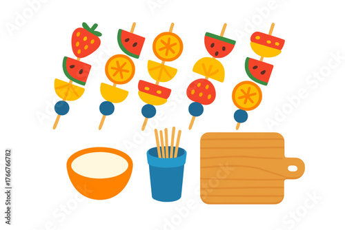Vibrant fruit skewers with dipping sauce on wooden cutting board