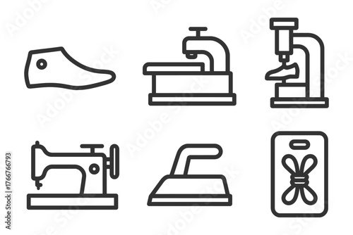 A series of black and white icons representing various items related to sewing and ironing. The icons include a sewing machine, iron. Vector.