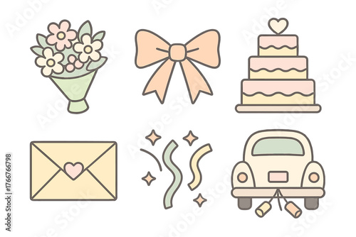 Pastel colored icons for wedding and celebration events featuring flowers and cake