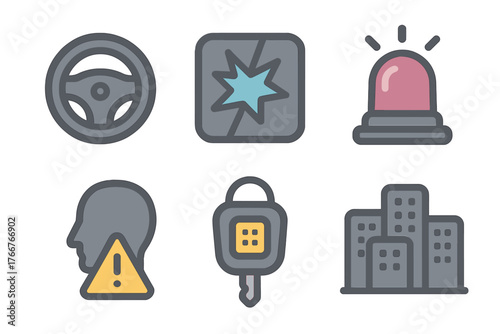 Set of automotive safety and accident warning symbols for driving