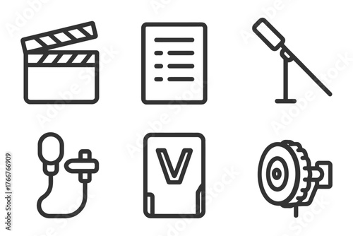 A movie set with a camera, microphone, and a clipboard. The clipboard has a list of notes. Vector.