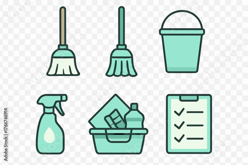 Household cleaning supplies and chore icons in flat outline style