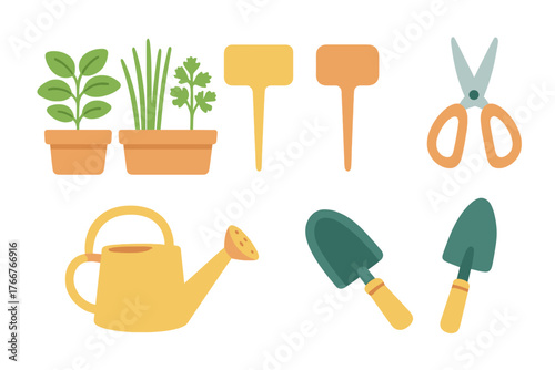 Assortment of gardening tools and potted herbs for home cultivation