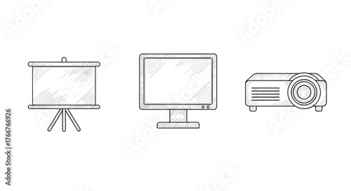 Hand-drawn office technology: monitor, projector, and presentation screen