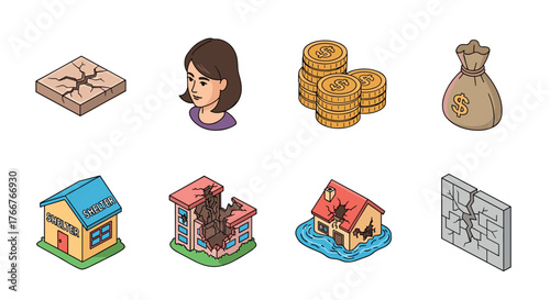 Isometric disaster icons set: earthquake, flood, financial crisis, human impact
