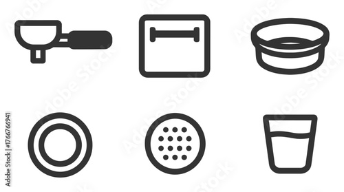 A set of icons for kitchen appliances and utensils. The icons include a coffee grinder, a coffee maker, a coffee pot, a coffee filter. Vector.