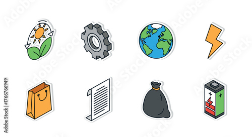 Colorful sticker icons of nature, technology, and everyday items for modern designs
