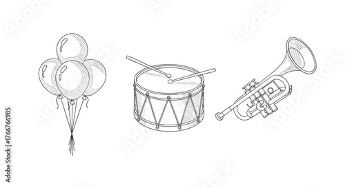 Musical instruments sketch with drum trumpet and balloons in linear style